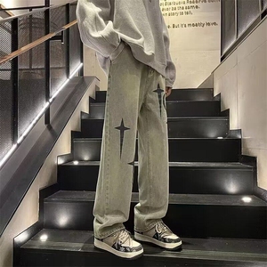 美式复古刺绣牛仔裤男款春秋季2025新款潮牌宽松直筒水洗裤子高街图片