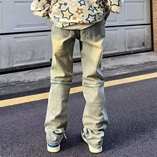 夏季黄泥色膝盖破洞牛仔裤男显瘦水洗做旧百搭长裤高街男女款潮牌，男装牛仔裤，星座506A