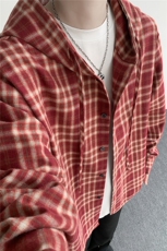 连帽格子衬衫男春季宽松大码慵懒风复古潮牌格纹休闲外套CS29011，男装衬衫，电商B312