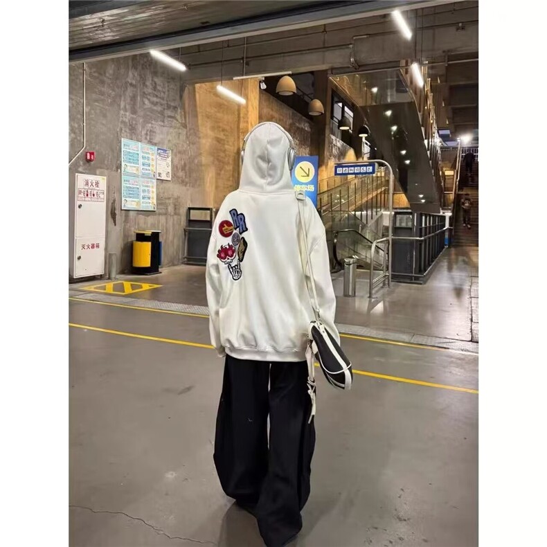 美式街头字母刺绣连帽卫衣女2025春秋新款宽松设计感小众情侣帽衫,男装卫衣,星座601-1