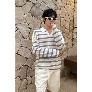 C316 FSCSTX23 P58 夏装新款长袖T恤防晒服V领针织衫条纹宽松图片