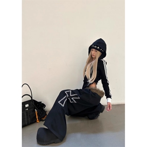 美式高街高腰阔腿裤黑色裤子女2025秋季新款毛领卫裤休闲裤长裤子图片