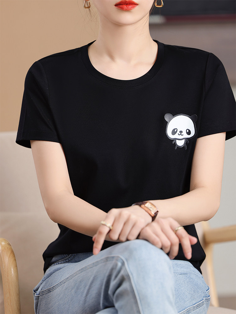 烫画熊猫工艺小众个性舒适棉T,女装T恤,元素羊绒