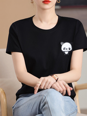 烫画熊猫工艺小众个性舒适棉T，女装T恤，元素羊绒