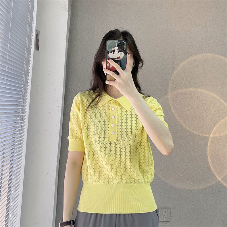 2023法式气质POLO领针织衫女夏季新款百搭钩花纯棉线短袖女韩版,针织衫/毛衣,鹏源羊绒