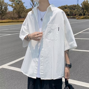 基础款开衫纽扣白衬衫短袖男女款风纯色五分袖垂感翻领衬衣 C316图片