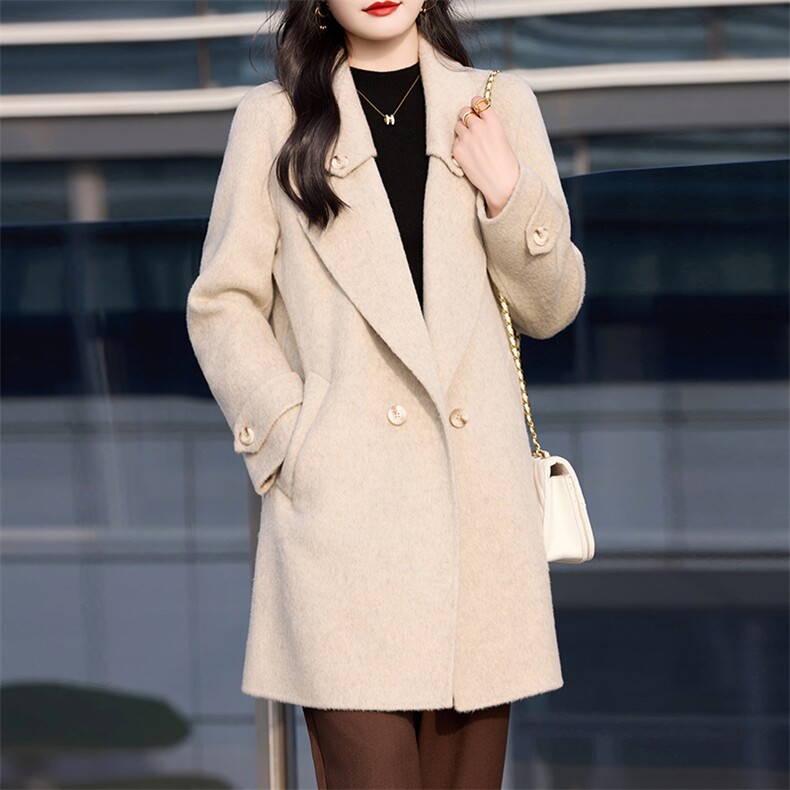 休闲/淑女通勤2024年秋季新款长袖纯色羊毛大衣，女装双面呢大衣，亿美羊绒