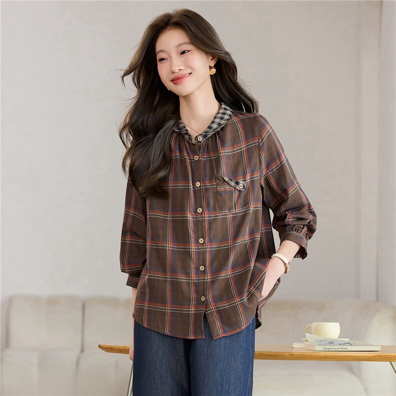 2025百搭时尚休闲格子衬衫秋季新款,女装衬衫,忆绮罗