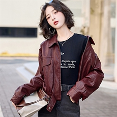 流行风格翻领皮衣外套女2025秋季复古高级感宽松百搭气质机车夹克，女装皮衣，天丽
