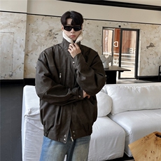 港风PU皮复古做旧面料可脱卸羊羔毛领夹克式棉衣男77933P138控198，男装夹克，星座227-7