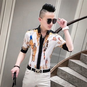 20春夏新款社会男潮流衬衫个性印花中袖夜店男衬衣A068-D590-P55图片