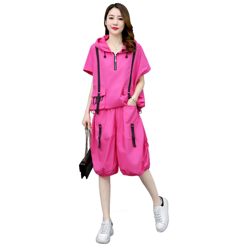 2022夏季新款时尚宽松运动套装女短袖连帽两件套休闲裤,女装套装/套裙,橙子家
