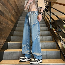 复古设计小众牛仔裤男宽松抽绳微喇美式复古高街牛仔裤子NZ006P40，男装牛仔裤，电商A128