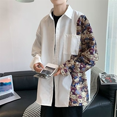 夏季ins潮牌衬衣小熊拼接长袖衬衫男薄款港风宽松外套W3567-P32，男装衬衫，星座512-2