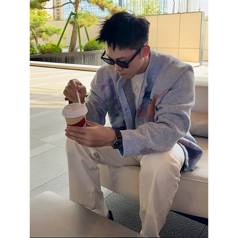 网图陈伟霆同款费尔岛涂鸦彩色针织开衫毛衣外套男女A1157-P100,男装针织衫/毛衣,星座1505