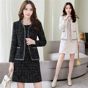 小香风毛呢套装春秋女气质优雅减龄修身显瘦洋气时尚两件套连衣裙，女装套装/套裙，香莘料