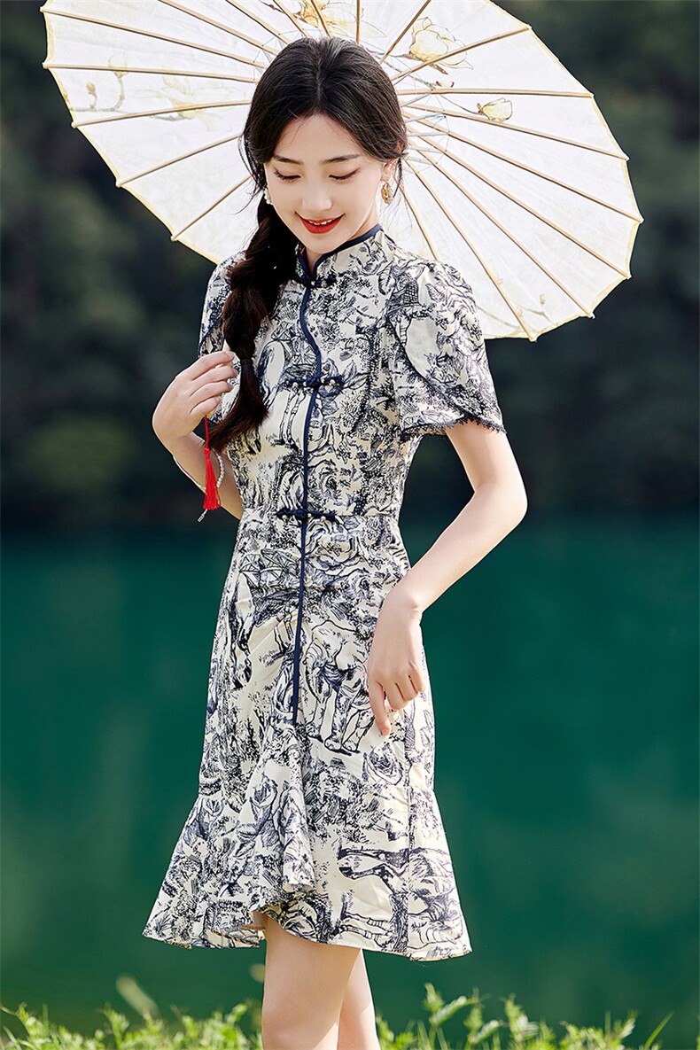 《48H发》淑女范旗袍双绉剪花连衣裙,女装连衣裙,魅丽静蓝