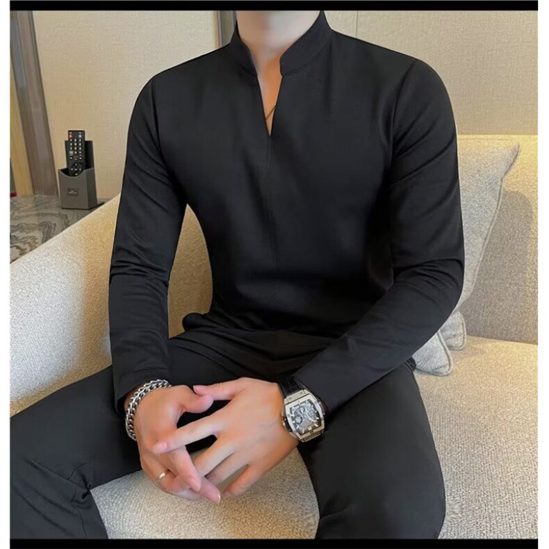 2025春秋季长袖T恤男士商务休闲V领T恤男上衣通勤打底衫男,男装T恤,星座506A