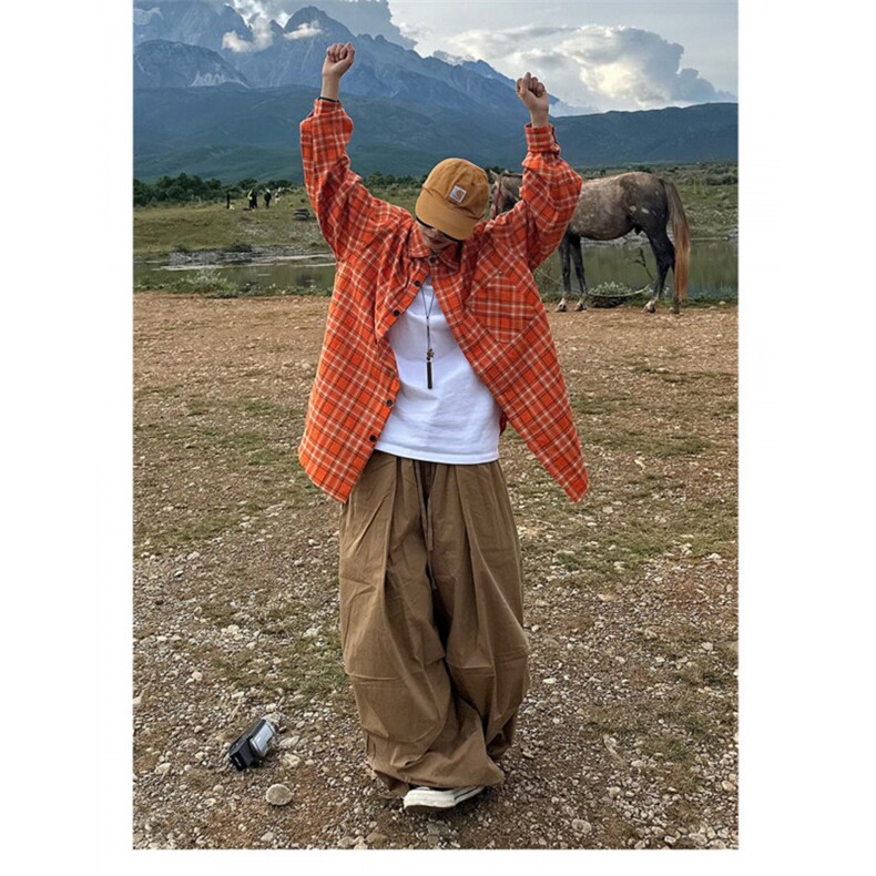 网络图现货美式复古橙色格纹衬衫小众休闲防晒情侣外套JC17-P36,男装防晒衣,星座715-7