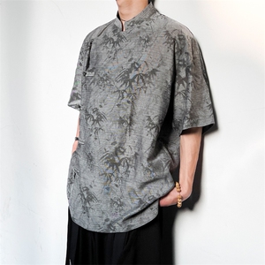 真棉麻！现货斜门襟风复古汉服盘扣立领短袖衬衫T恤CS35-P65图片