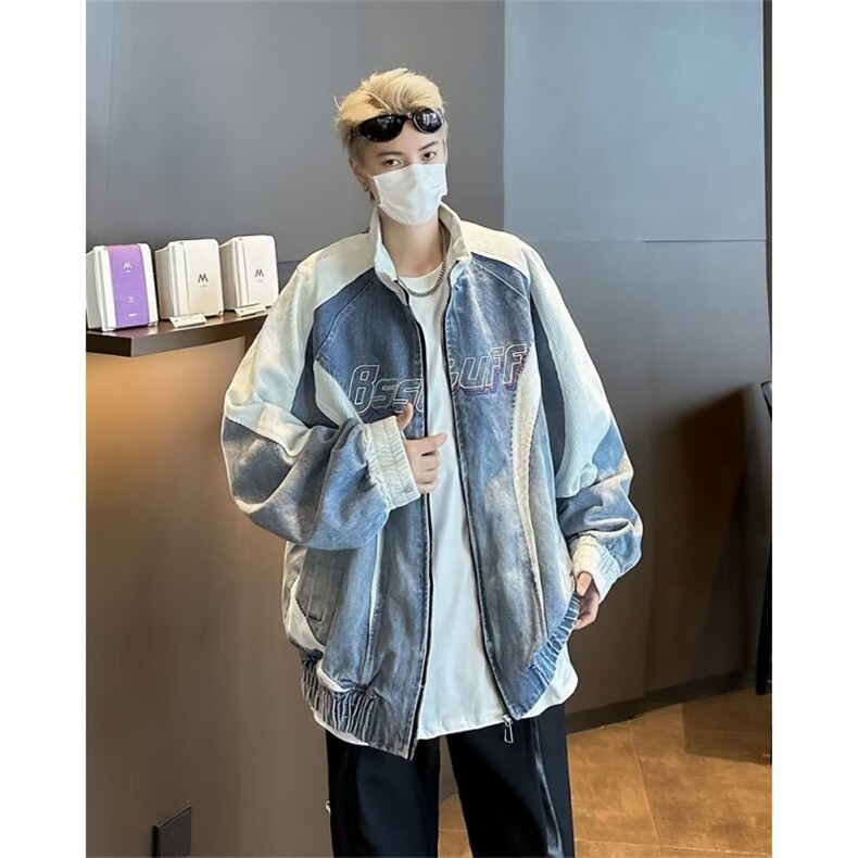 秋款男牛仔夹克灯芯绒撞色拼接立领外套男百搭机车夹克JK180P95,男装夹克,星座1013-1