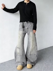 美式做旧破洞牛仔裤男女新款宽松阔腿工装高街长裤LG31722-P60，男装牛仔裤，星座1008