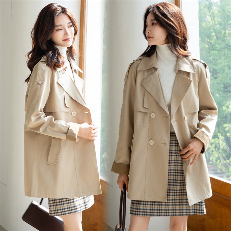 2025年秋季日韩休闲外套直筒型中长款长袖西装领风衣双排扣气质款，女装风衣，沫晗依美