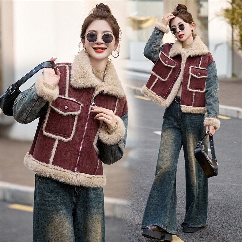 牛仔拼接羊羔毛外套女短款2024冬新款小个子时尚皮毛一体保暖棉服，女装皮草，采品优优