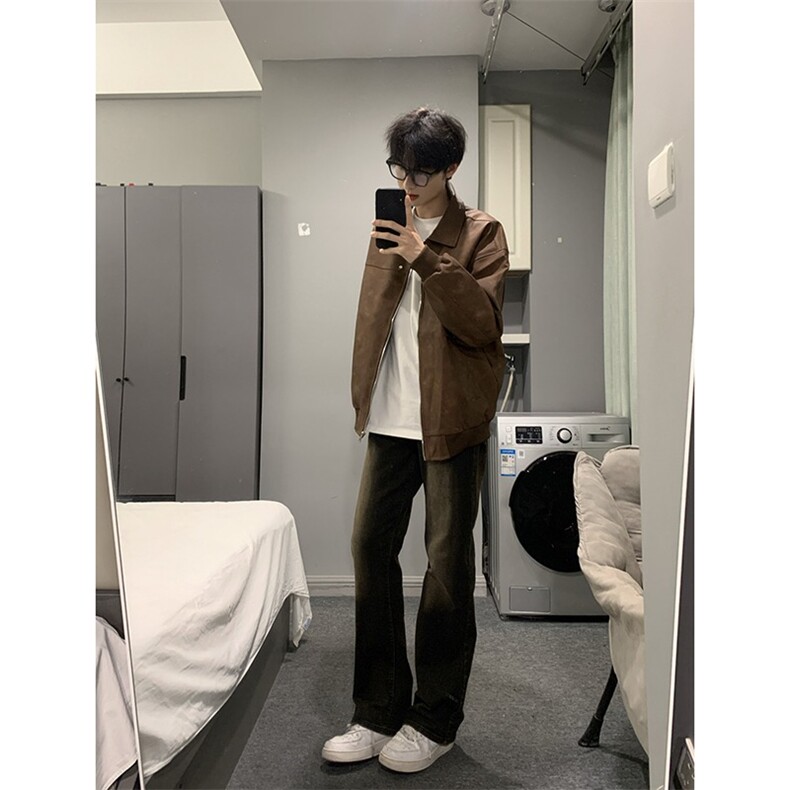 翻领夹克男女秋冬季百搭宽松情侣工外套港风水洗潮流新款JK9156,男装夹克,星座516A
