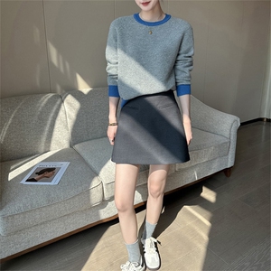 百搭女羊毛衫圆领长袖拼色设计羊毛舒适保暖显瘦修身图片