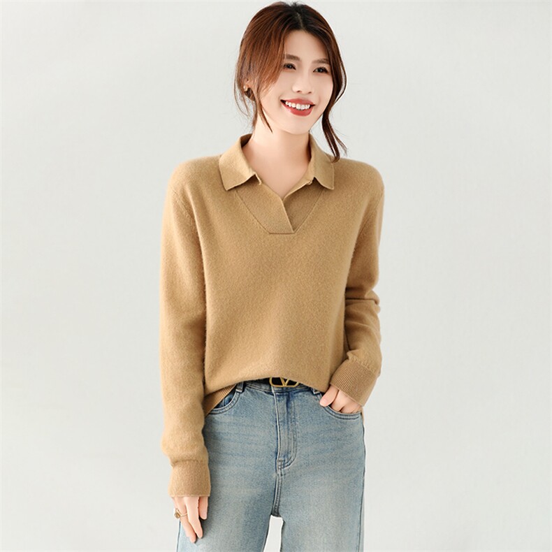 2024秋季新款女士长袖短款POLO衫通勤百搭35%羊绒衫，女装羊绒衫，富泽羊绒