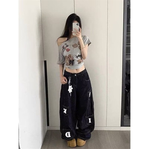 26@美式复古阔腿弯刀宽松刺绣廓形多口袋牛仔长裤K71236-P55网图图片