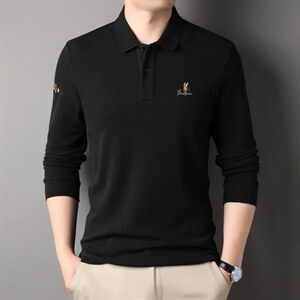 中年男士翻领宽松上衣POLO衫春秋季新款长袖上衣潮流刺绣套头T恤图片