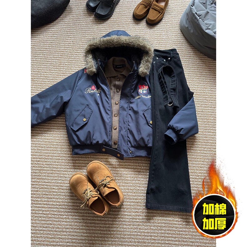 现货高品质美式高街重磅刺绣座山雕大毛毛领棉衣男女加厚棉服外套，男装棉衣，电商A486-1