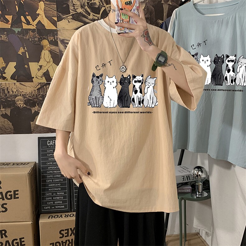 YT26100-P30亚麻短袖t恤男大码五分袖男宽松七分袖海报风，男装T恤，电商A040