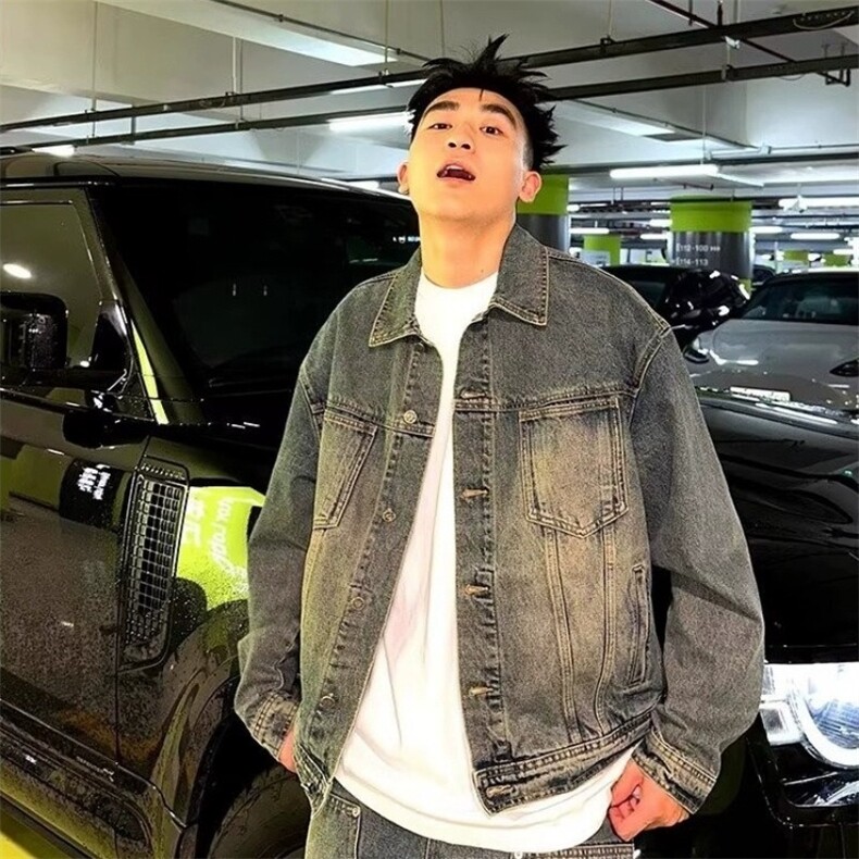 蓝色休闲牛仔外套男春秋美式街头水洗做旧宽松大码翻领夹克上衣,男装工装外套,星座218-1（原230）
