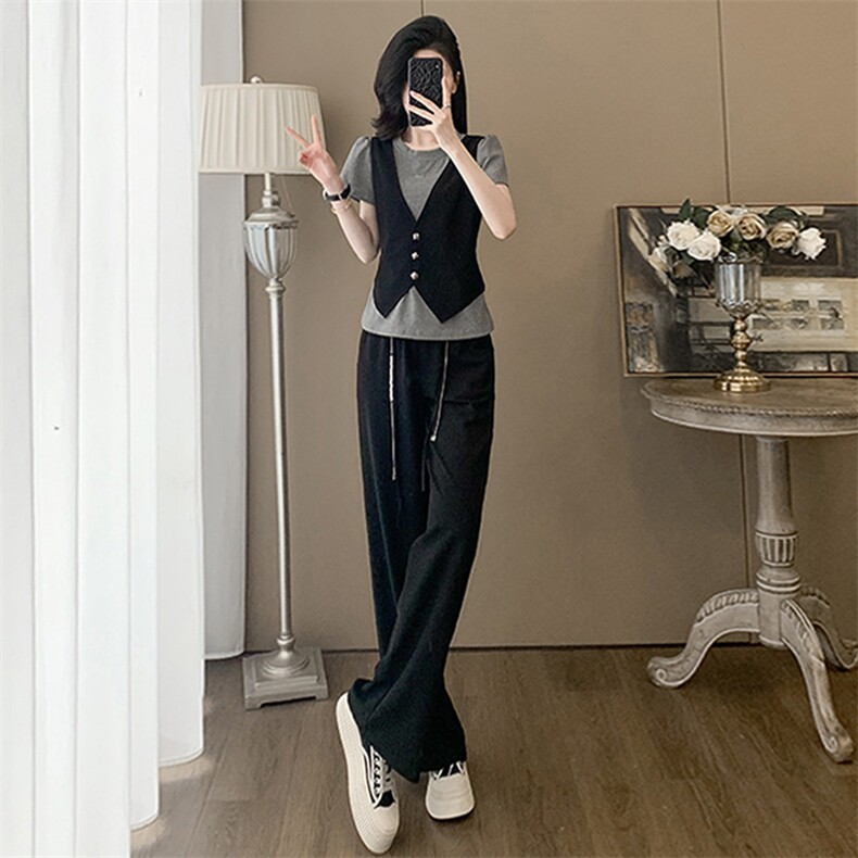 盐系轻熟时尚休闲运动时尚套装女夏假两件上衣宽松阔腿裤两件套潮,女装套装/套裙,江南