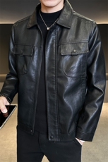 帅痞绅士男士翻领休闲皮夹克潮流百搭复古纯色高级外套，男装夹克，电商A237