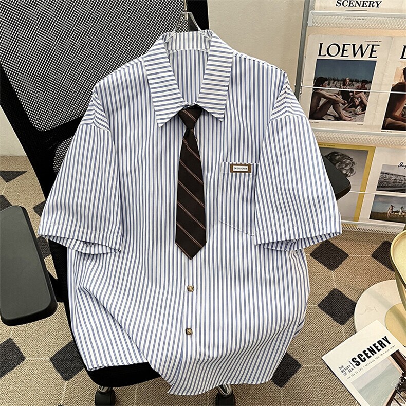2025夏季新款条纹领带短袖衬衫半袖衬衣班服配领带现货W8609-P35,男装T恤,星座512-4