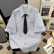 2025夏季新款条纹领带短袖衬衫半袖衬衣班服配领带现货W8609-P35，男装T恤，星座512-4