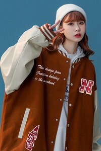 中性风 22秋季潮牌字母印花pu皮翻领棒球服夹克外套G642P85控108图片