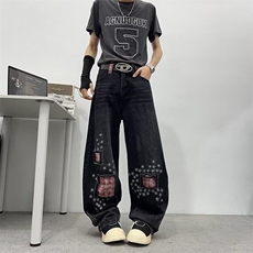 美式复古磨破补丁刺绣牛仔裤男女潮流宽松直筒阔腿裤RK2981-P57，男装牛仔裤，星座412-3