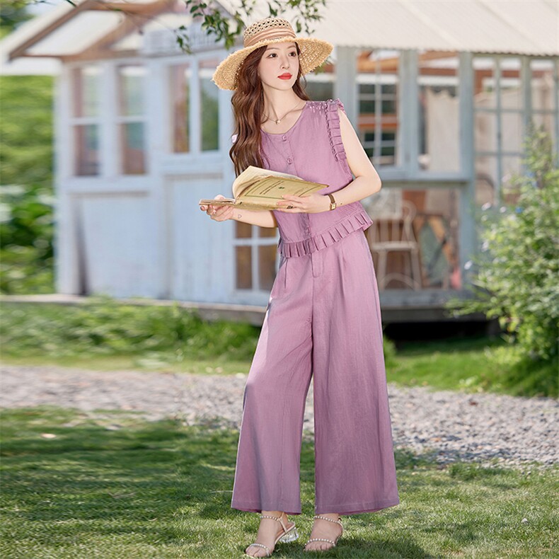 现货。薄料亚麻料阔腿裤两件套女夏时尚气质无袖上衣九分裤套装,女装套装/套裙,E百度
