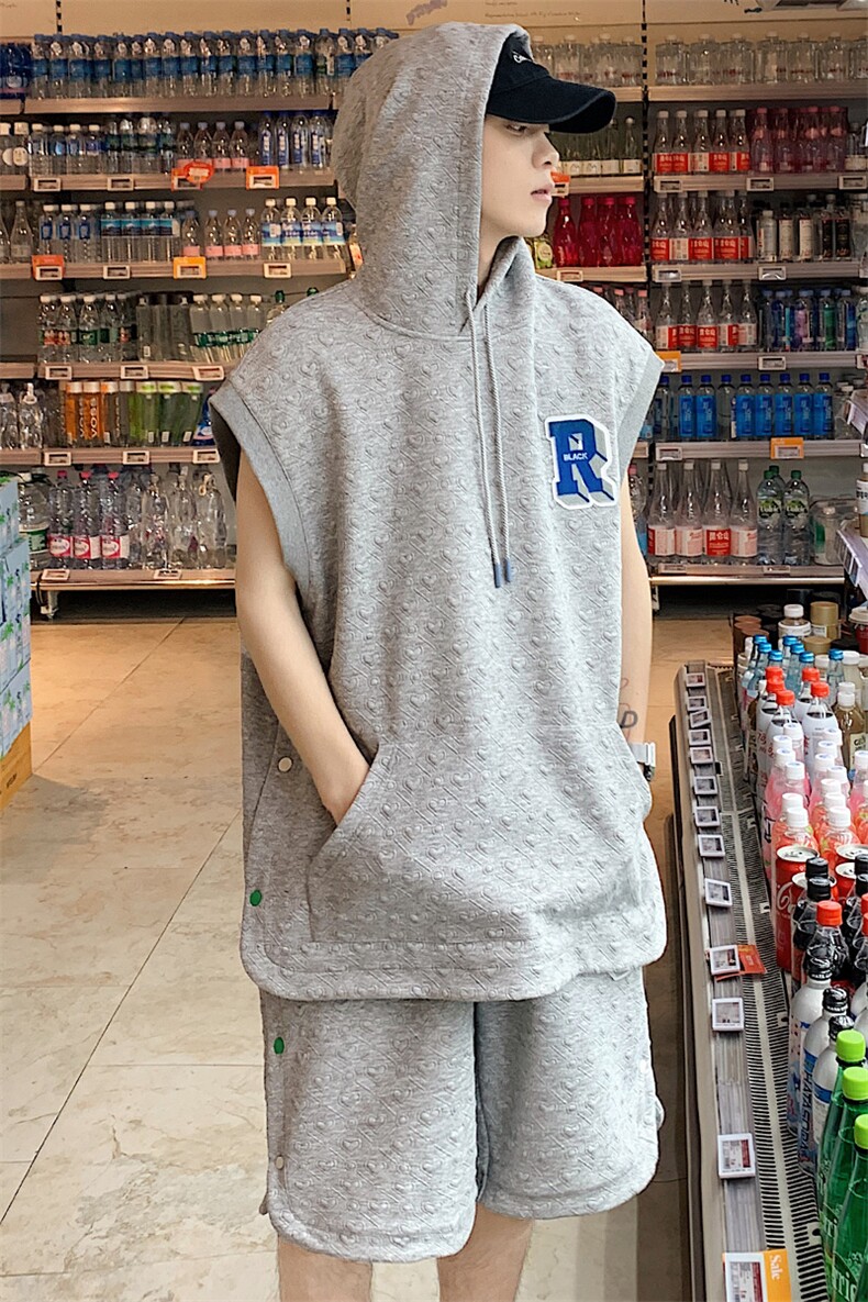 夏上新休闲无袖T恤套装提花背心短裤两件套男女8028-P90控价118,男装背心/马甲,电商A441-1