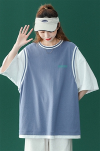 中性风 夏季潮流印花假两件短袖T恤港风学生班服 T601P40控58图片
