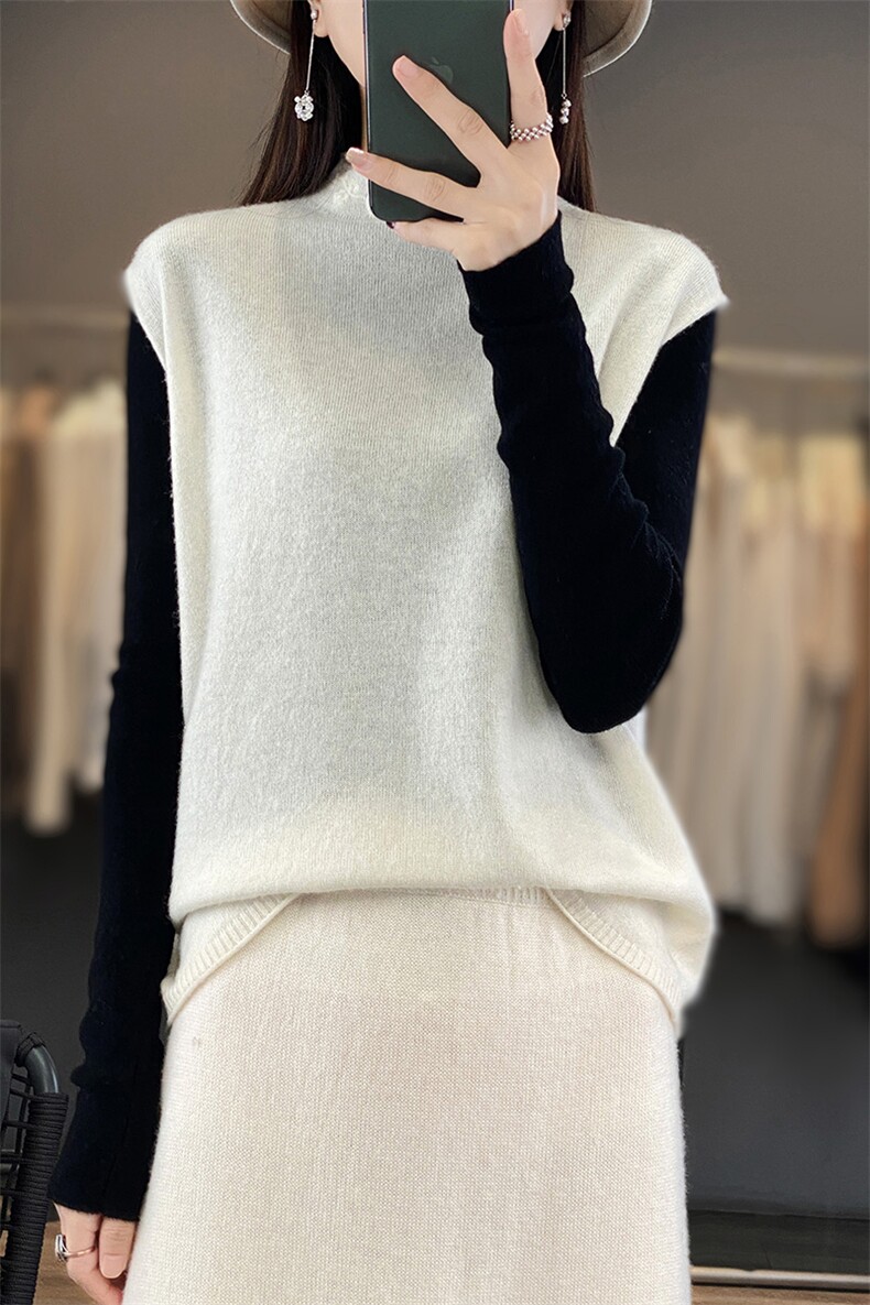 羊毛针织马甲女半高领宽松卷边无袖毛衣坎肩背心,女装马甲,江南羊绒