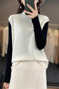 羊毛针织马甲女半高领宽松卷边无袖毛衣坎肩背心图片