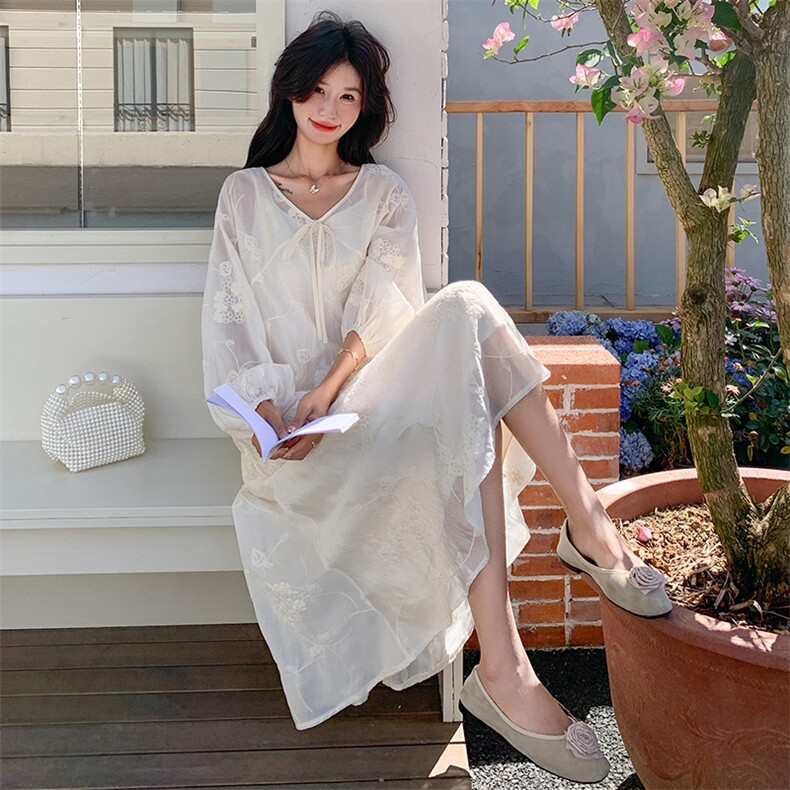 江南新中式两件套连衣裙女春夏慵懒风宽松刺绣长裙B26-P165-K248，女装连衣裙，浙宝191（原浙宝008）