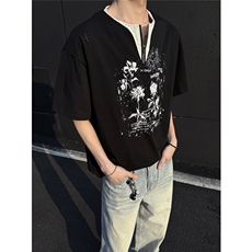 设计款假两件半拉链复古印花夏季短袖T恤男士宽松潮牌上衣P38，男装T恤，电商C306-1