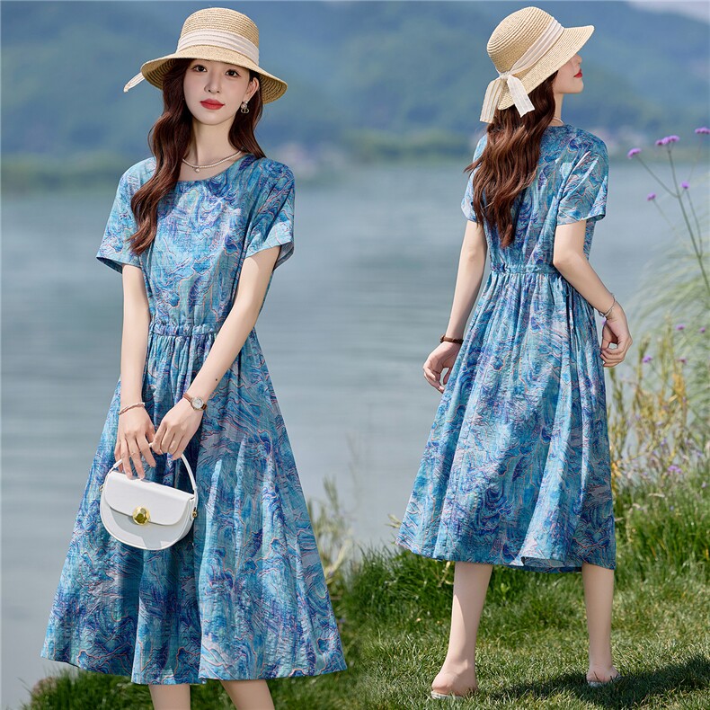 时尚碎花棉麻短袖连衣裙女夏2026新款收腰显瘦度假风休闲气质裙子,女装连衣裙,倪叶myz